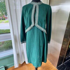 Vintage 60s dress, forest green, mock waistcoat, faux vest bodice, striped trim
